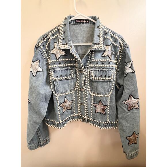NWT Denim Love women’s Jean jacket with pearls, studs and sequins size medium - Picture 1 of 7